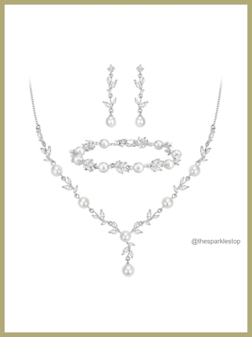 Cubic Zirconia Pearl Leaf Bridal Jewelry Set - Necklace Earrings Bracelet